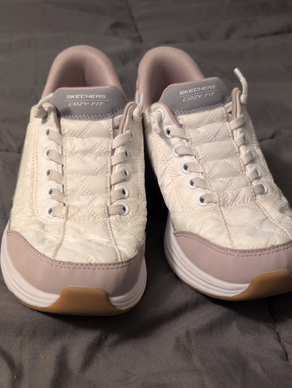 Skechers Cozy Fit  Slip-On Sneakers in White & Light Pink
